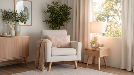 Fototapeta premium A serene reading nook featuring a light gray armchair, soft beige throw, and a pale wooden side table with a white lamp, soft ambient light from window 47497141 1