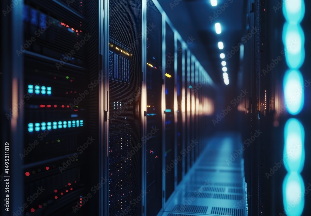 Poster Sleek corridor of high-tech data servers with glowing lights and futuristic ambiance, ideal for showcasing cloud computing, digital storage, and advanced information systems