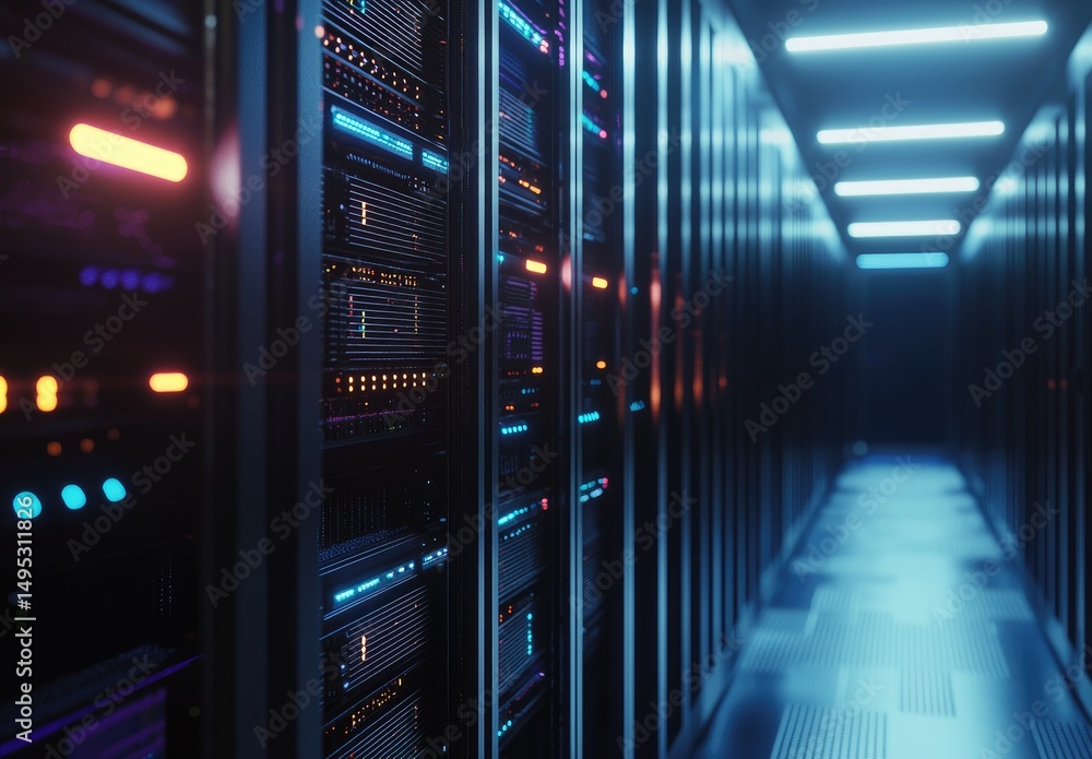 Poster Advanced data center interior with illuminated server racks and vibrant LED lights, ideal for representing cloud infrastructure, cybersecurity, AI systems, and digital networks