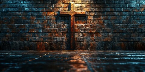 Weathered stone wall with a wooden cross illuminated in a dimly lit environment creating a spiritual atmosphere