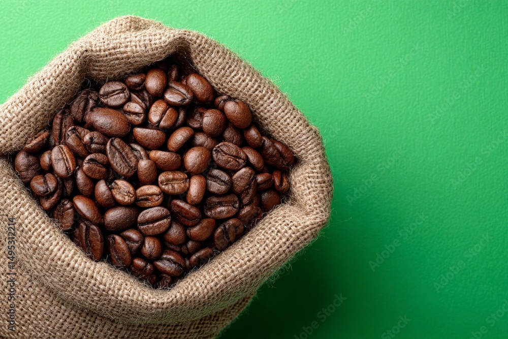 Poster freshly roasted coffee beans in a burlap sack against a vibrant green background add warmth and text