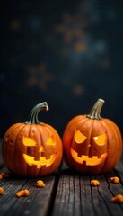 Obraz premium Two carved pumpkins, spooky faces, Halloween symbols on wood Copy space , jack-o-lantern, rustic, mystical