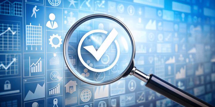Magnifying glass focusing on a check mark icon over a blue digital dashboard background