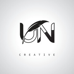 UN Letter Logo with Feather Pen – Elegant Monogram for Creative Branding and Identity Design