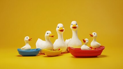 Duck family in boats on yellow background; children's toy photography