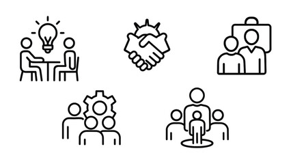 Teamwork and Collaboration Icon Set – Editable line icons for business team concepts: cooperation, partnership, management, agreement, group work, and achievement.