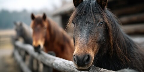 Close-up view of a black horse in a rustic stable with brown horses in the background during early morning light