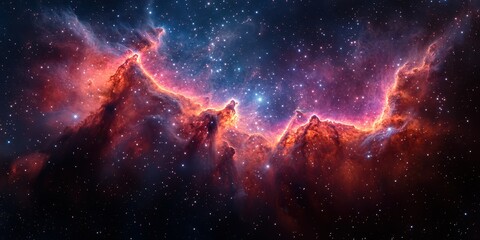 Fototapeta premium Stunning view of the colorful nebula in deep space showcasing vibrant reds and blues among distant stars