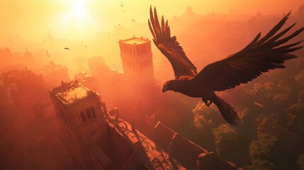 Eagle Soaring Sunset City Ruins Fantasy Artwork