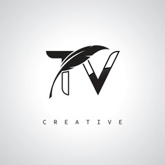 TV Letter Logo with Feather Pen – Elegant Monogram for Creative Branding and Identity Design