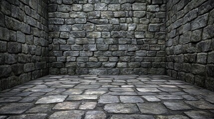 Stone room, dark grey walls, cobblestone floor, medieval setting, game background