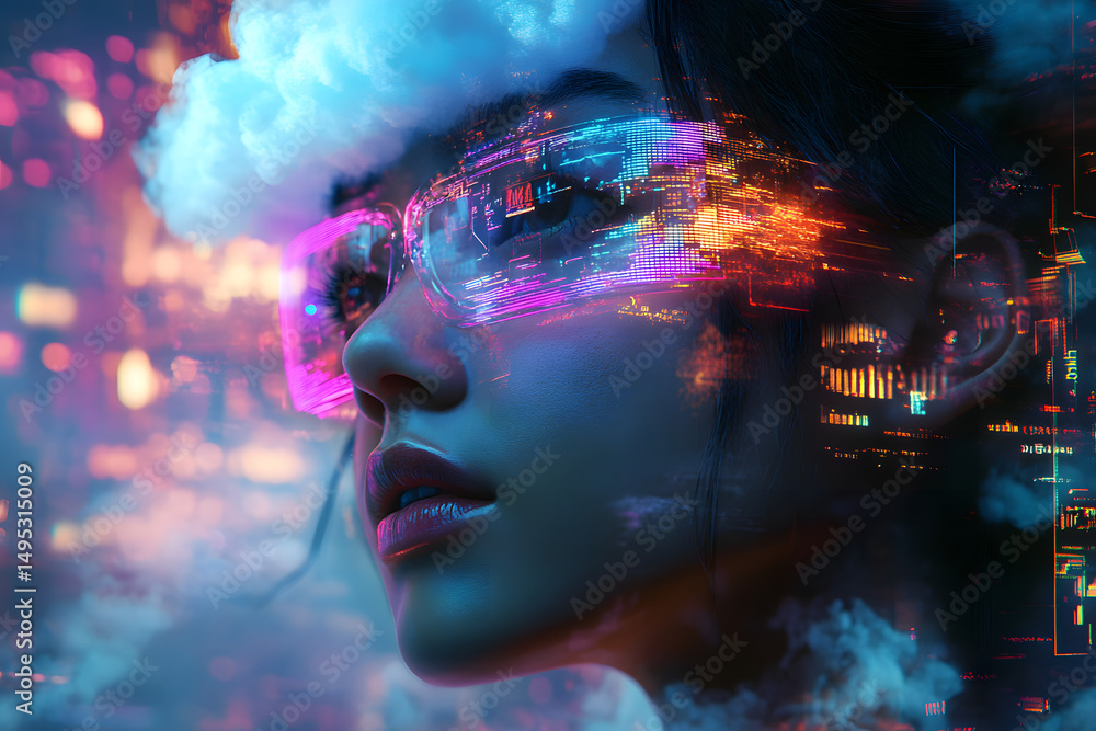 Poster futuristic portrait of a person with floating digital elements and a cloud-like head display in neon
