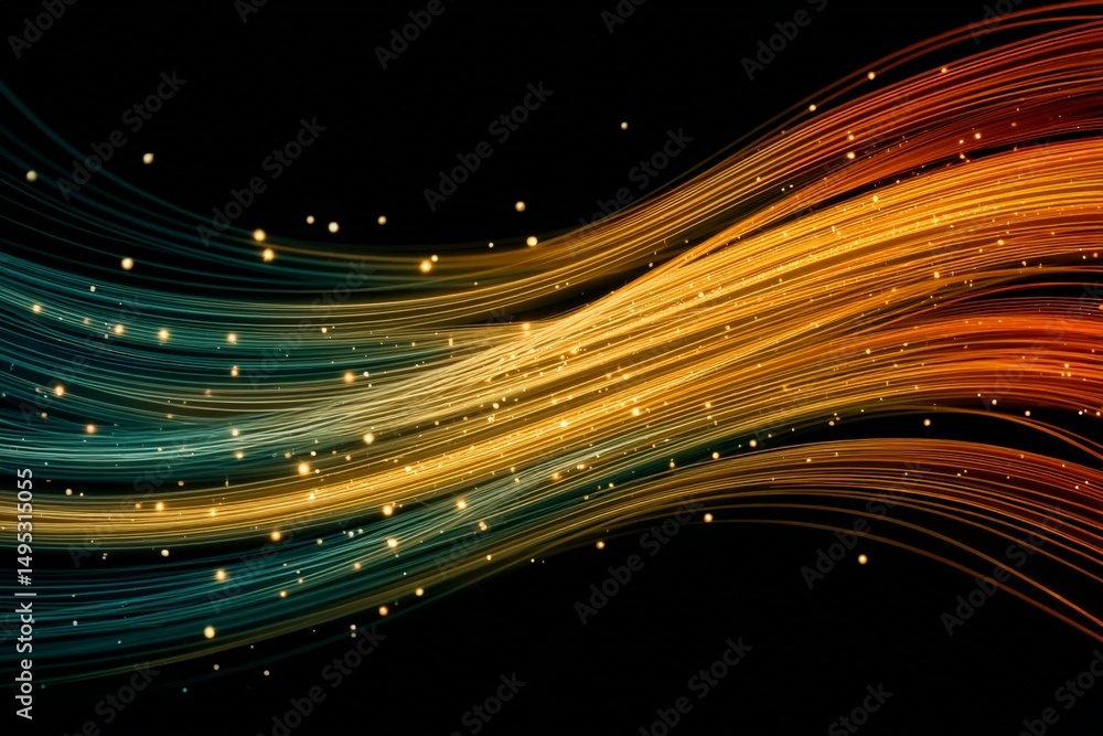 Poster vibrant flowing lines create a dynamic abstract composition with warm hues and shimmering lights