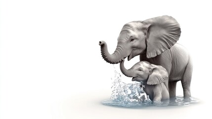 Elephant calf drinking water, mother watching, white background, family bond, nature