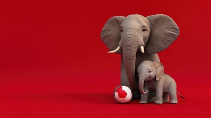 Elephant parents with baby, soccer ball, red background, children's book illustration
