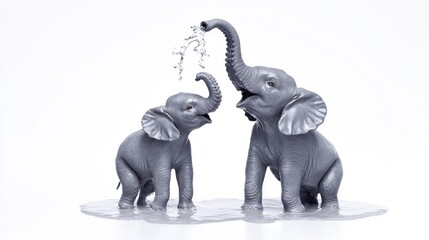 Elephants playful water spray, family bond, studio shot, white background, wildlife conservation