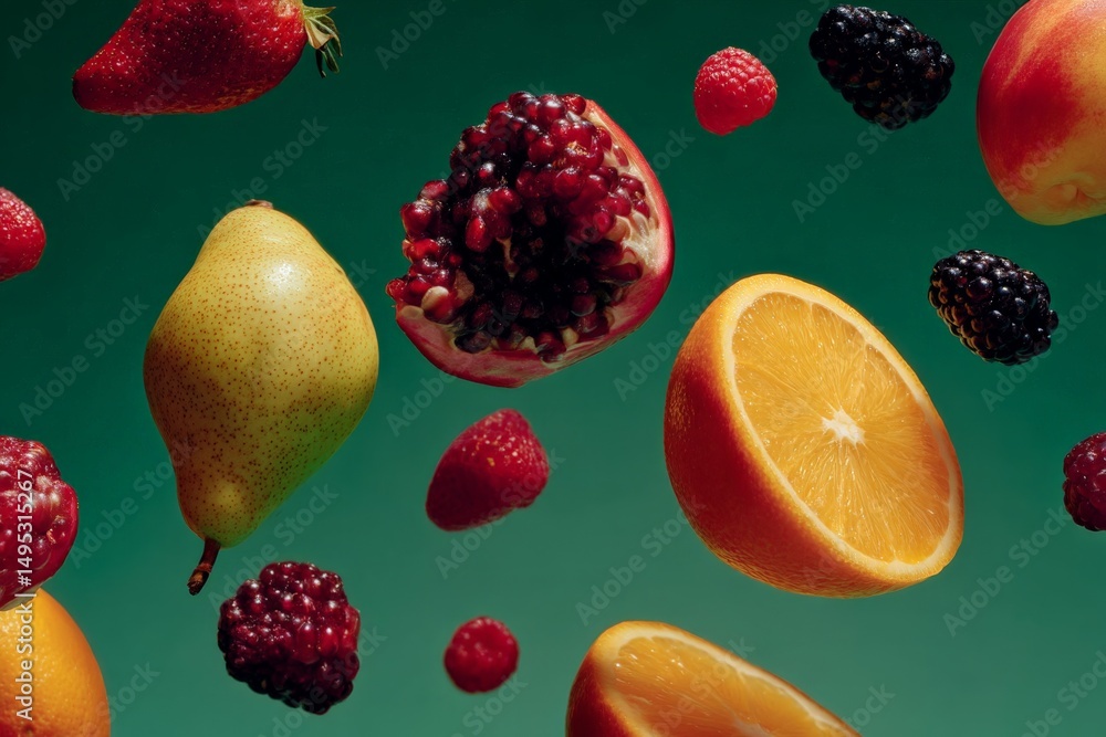 Poster Colorful assortment of floating fruits creates a vibrant and dynamic visual display in a studio setting