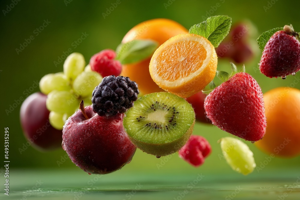 Poster Fresh fruits in vibrant colors floating against a blurred green background create a refreshing and dynamic arrangement