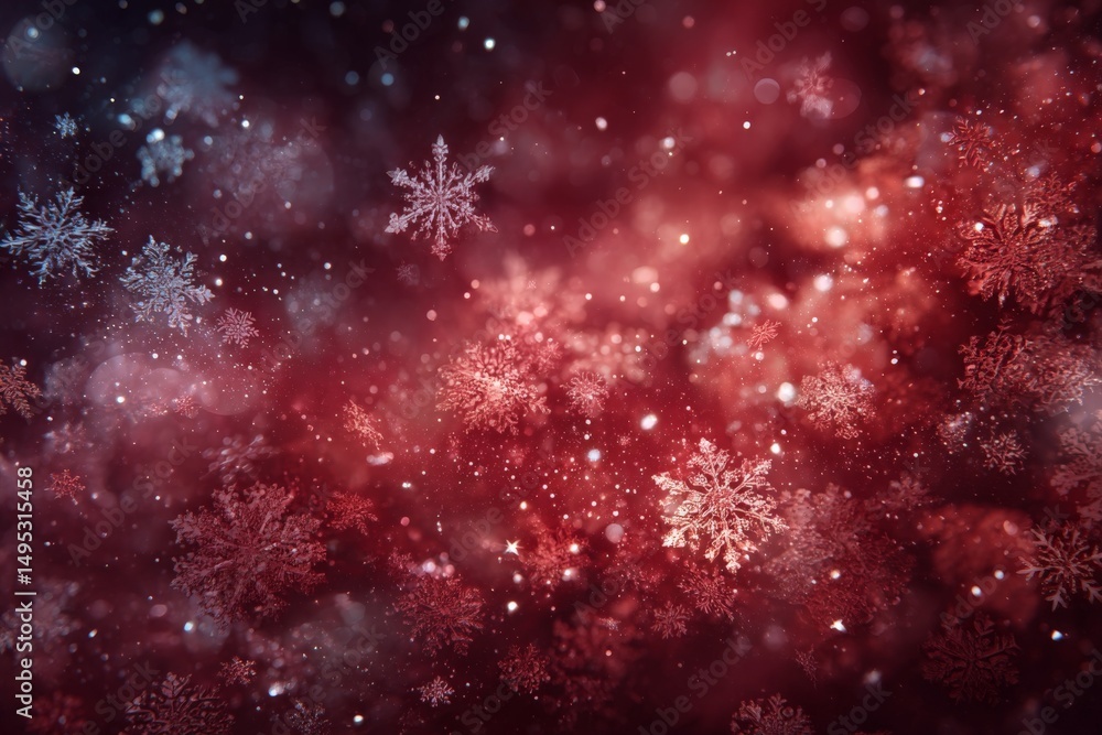Poster snowflakes gently falling in a dreamy winter background with red and blue hues creating a magical at