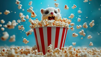 Excited ferret in popcorn bucket, movie night