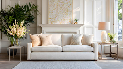 Fototapeta premium An elegant modern sofa in pale sand tones with pastel cushions, a light gray rug underneath, photographed front-on in bright indirect daylight 60228812 1