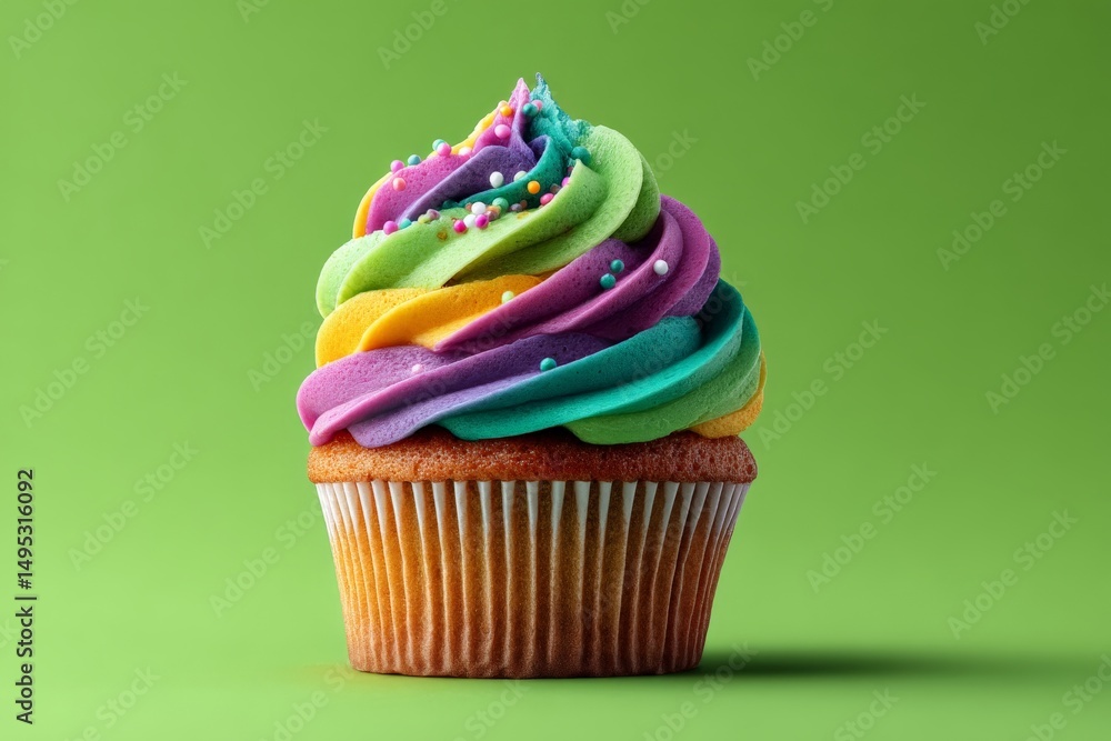 Poster colorful cupcake with vibrant frosting displayed on a bright green background in a cheerful setting
