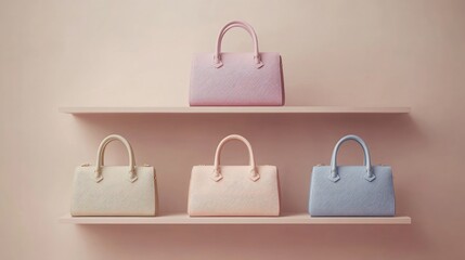 Four stylish handbags displayed elegantly on a pale shelf in a minimalist setting