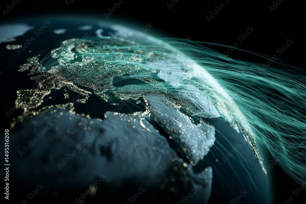 Poster Digital representation of Europe with data connections illuminated at night showcasing global connectivity and technological networks