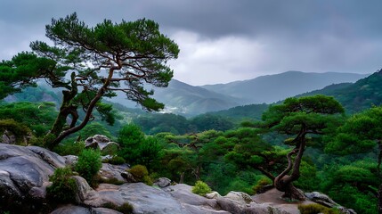 Scenic Mountain Landscape with Pine Trees and Dramatic Clouds