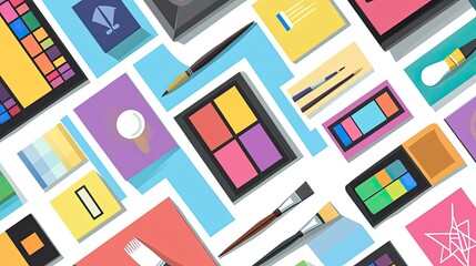 This graphic illustrates design tools used in creating digital content. The layout includes color palettes, paintbrushes, and graphic tools used by designers