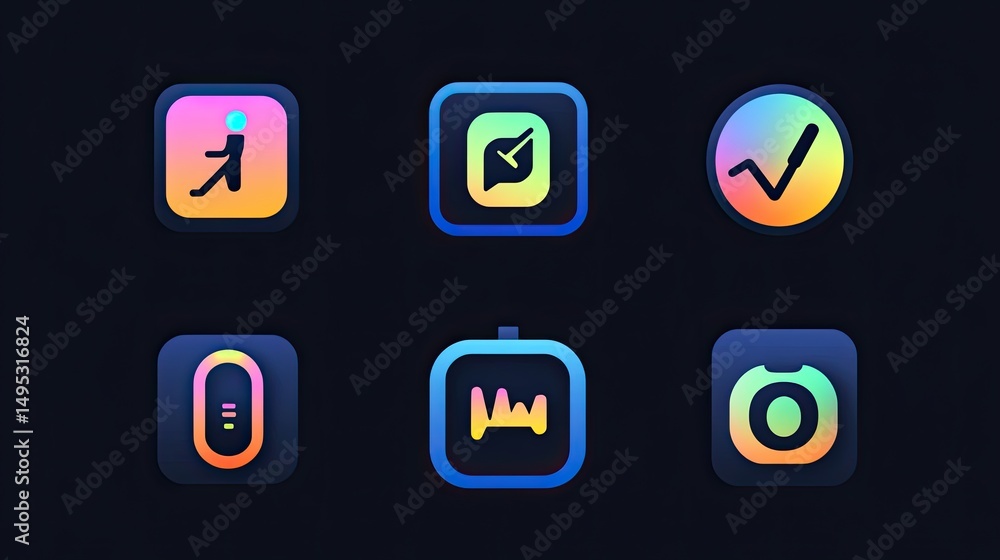 Poster six square app icons are arranged in two rows. the icons use a gradient of yellow, orange, pink, and