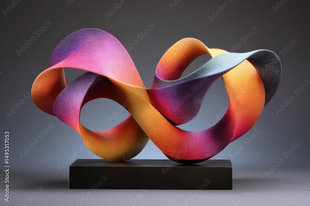Poster colorful abstract sculpture with flowing curves displayed against a neutral background in a modern a