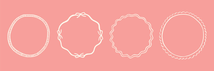 Set whimsical round frames with wavy lines, bows, curly ribbons. Hand-drawn trendy vintage style, perfect for wedding invitations, birthday cards, and holiday. Minimalist coquette border line art