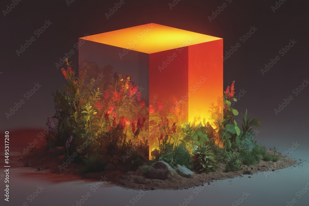 Poster Illuminated cube surrounded by vibrant plants creates an intriguing visual experience in a dark setting