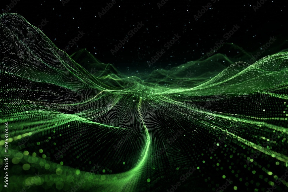 Fototapete Visual representation of digital landscape with flowing green lines and particles in a dark space setting