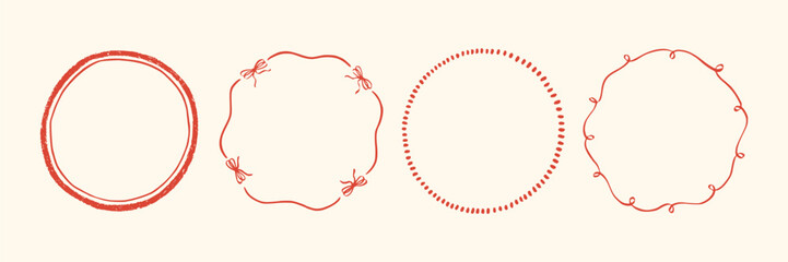 Set whimsical round frames with wavy lines, bows, curly ribbons. Hand-drawn trendy vintage style, perfect for wedding invitations, birthday cards, and holiday. Minimalist coquette border line art