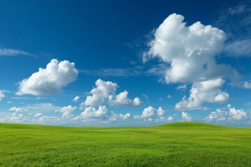 Fototapeta premium Lush green landscape under a bright blue sky filled with fluffy clouds on a sunny day