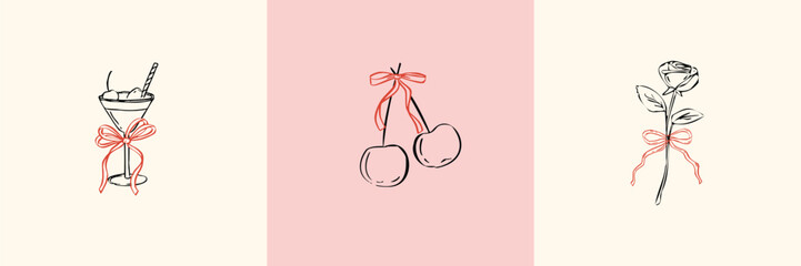 Set of whimsical hand-drawn love aesthetic illustrations in a trendy vintage style. Perfect for quirky weddings, holiday menus, dinner and bar menus, bachelorette parties, birthday invitations.