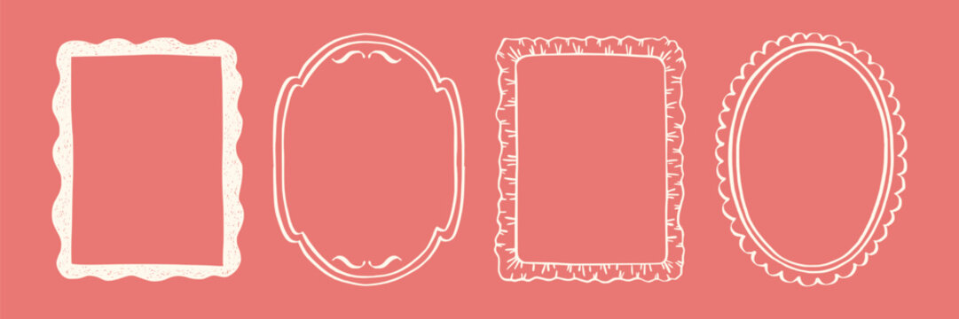 Set whimsical frames with wavy lines, bows, curly ribbons. Hand-drawn trendy vintage style, perfect for wedding invitations, birthday cards, and holiday decor. Minimalist coquette border line art