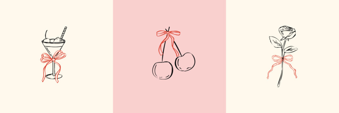 Set of whimsical hand-drawn love aesthetic illustrations in a trendy vintage style. Perfect for quirky weddings, holiday menus, dinner and bar menus, bachelorette parties, birthday invitations.