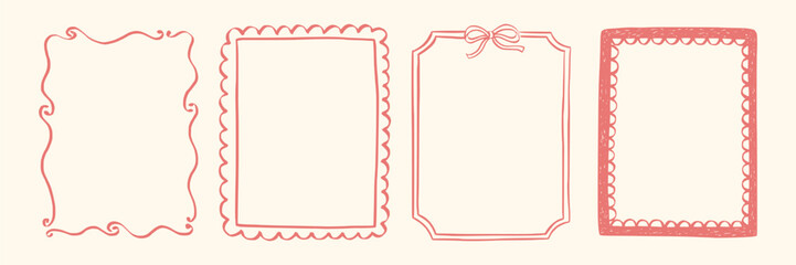 Set whimsical frames with wavy lines, bows, curly ribbons. Hand-drawn trendy vintage style, perfect for wedding invitations, birthday cards, and holiday decor. Minimalist coquette border line art