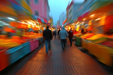 Vibrant marketplace bustling with activity during twilight in an urban setting with colorful stalls and eager shoppers