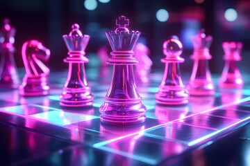 Neon chess pieces on a futuristic game board strategic gameplay digital art