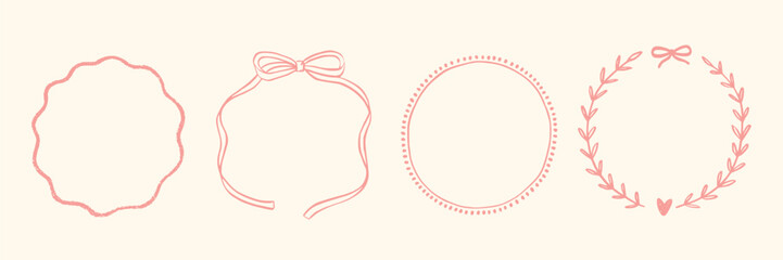 Set whimsical round frames with wavy lines, bows, curly ribbons. Hand-drawn trendy vintage style, perfect for wedding invitations, birthday cards, and holiday. Minimalist coquette border line art
