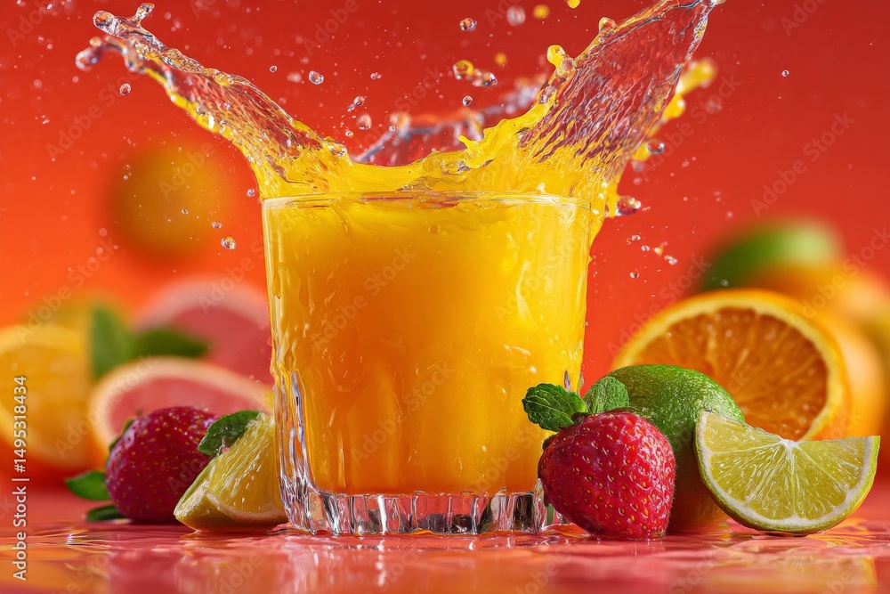 Poster refreshing fruit splash with citrus drink and berries against vibrant background