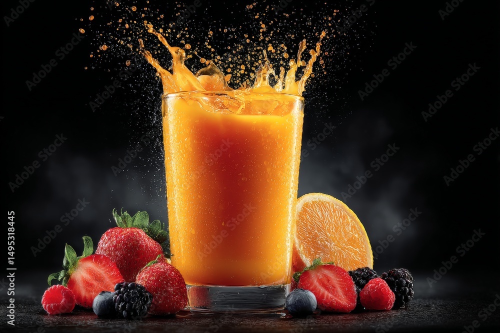 Poster fresh fruit juice with splashes and a mix of berries on a dark background