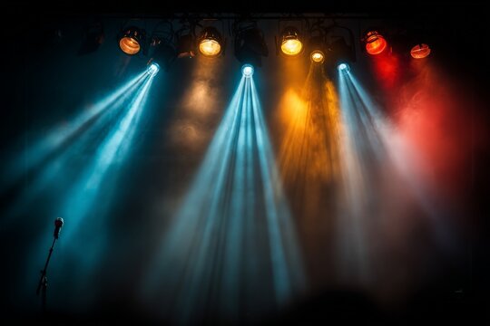 Colorful stage lighting creates an electrifying atmosphere for a live music performance at night