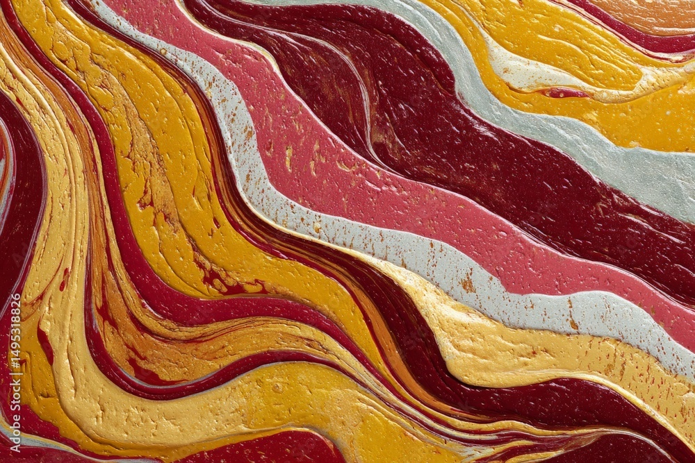 Poster Colorful abstract waves of red, gold, and white paint create a vibrant textured pattern in a modern artistic style