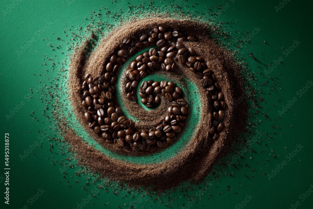 Aufkleber Swirling pattern of coffee beans and grounds on green background creates an artistic display of coffee culture