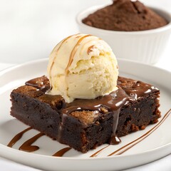 Rich Fudgy Brownie with Vanilla Ice Cream and Chocolate Sauce